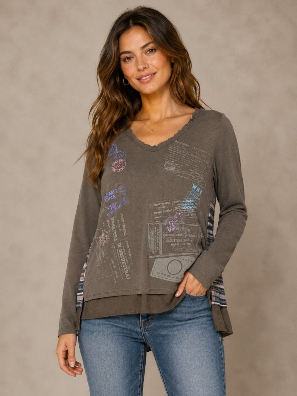 Love and Liberty Size L Long Sleeve Blouse Top Brown Plaid Postmark Graphic Edgy